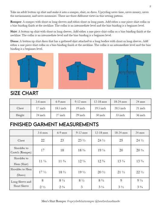 Upcycled Men's Shirt Romper, Dress, and Shirt Sewing Pattern